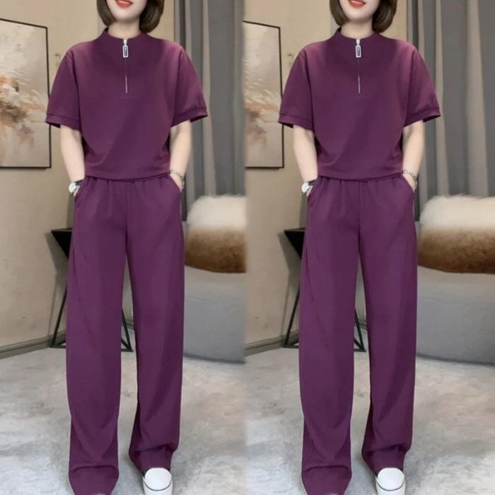 Button-down Casual Sports Outfit for Women, Summer Fashion Set, Straight-leg Pants, Loose Fit, Slimming Two-piece Set