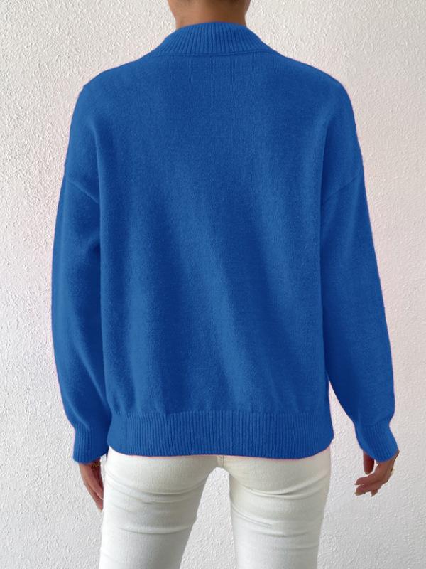Women's Solid Color Loose Knit Sweater - Half-High Neck, Long Sleeve, Autumn/Winter Fashion.