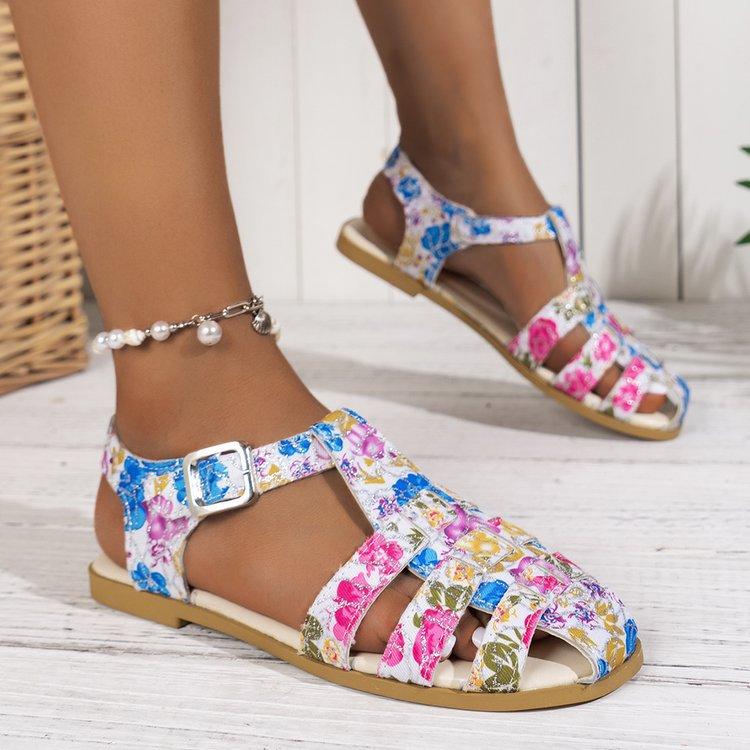 Large Size Bag Head Flat Heel Hollow Color Printed Beach Sandals Summer New Broadband Women's Shoes