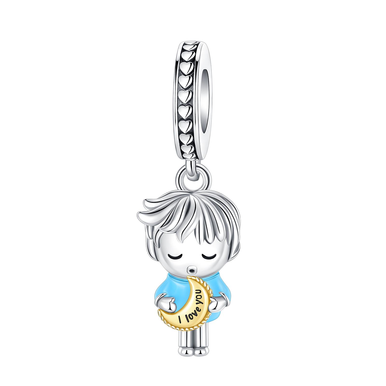 

925 Silver 3D Cute Boy Charm Blue Heart Zircon Fit Bracelet Romantic Jewelry Valentine s Day Gift for Women Girls