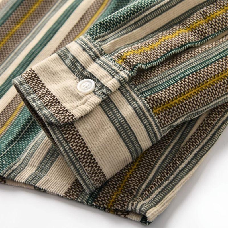Japanese Cotton Corduroy Trendy Striped Loose Long-sleeved Shirt Men's Autumn Hong Kong Style Thin Button Cardigan Jacket