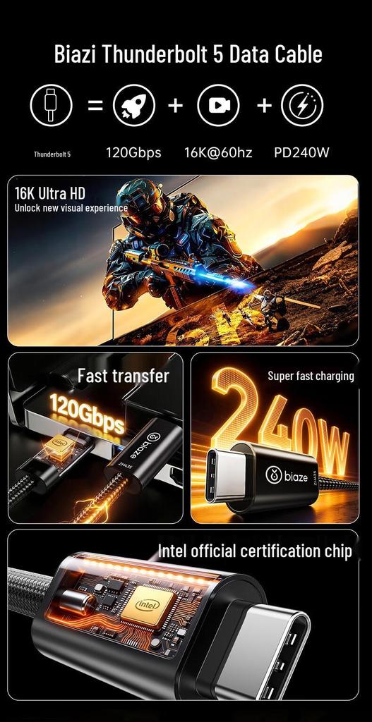 Biazi Thunderbolt 5 Type-C Cable, 120Gbps, 16K Video, 240W Fast Charging