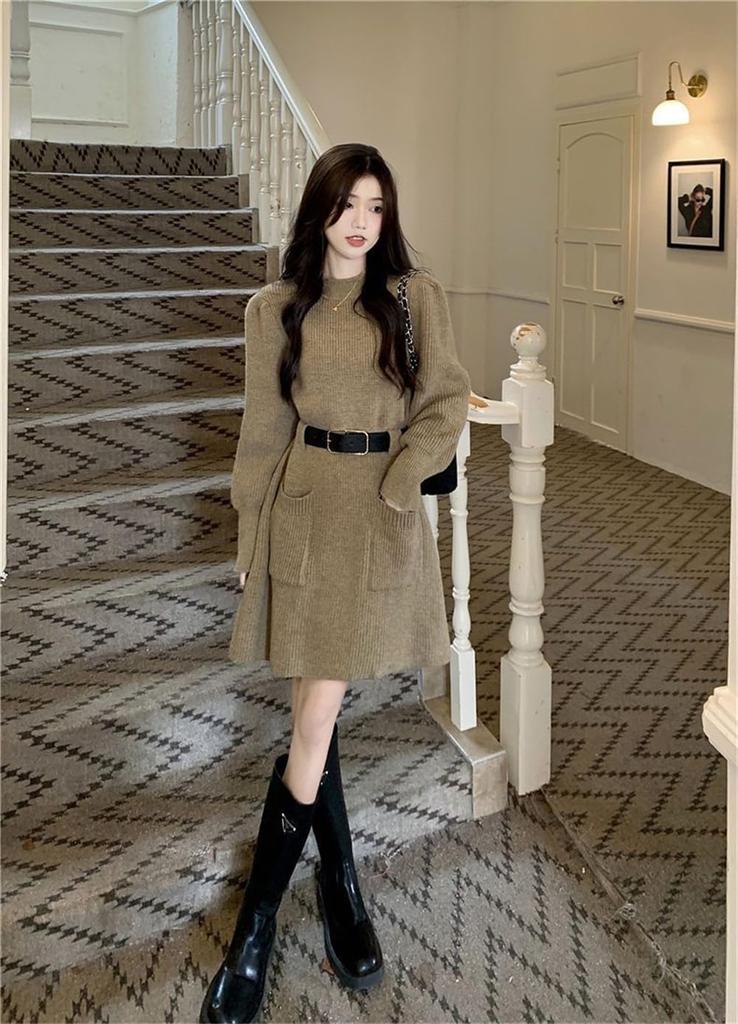 Knit Long High Midi Loose Slim Slimming Simple [SDSXZWG] Women's Dress, Sleeve, A-Line, Waist, Length, Fit, Thick, Stretchy, Fit, Effect, Design,