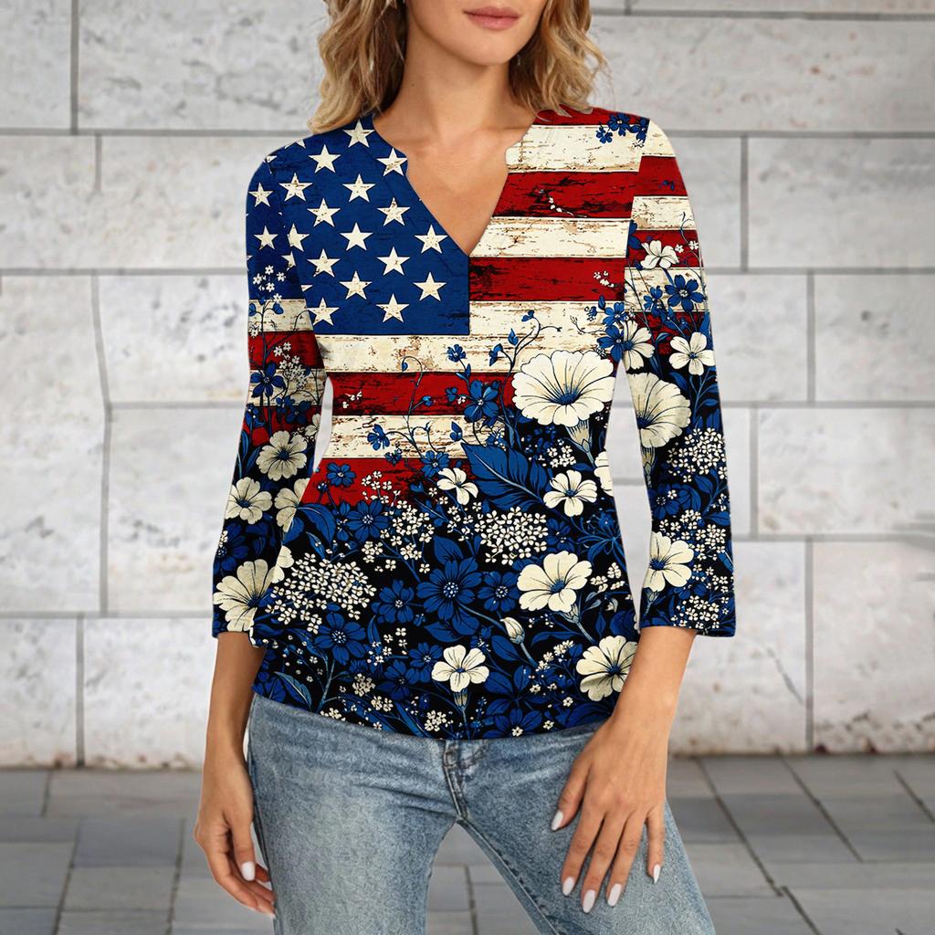Women's 3/4 Sleeve Neck Hem V-Neck Summer Casual Base Top Independence Day Printed Top