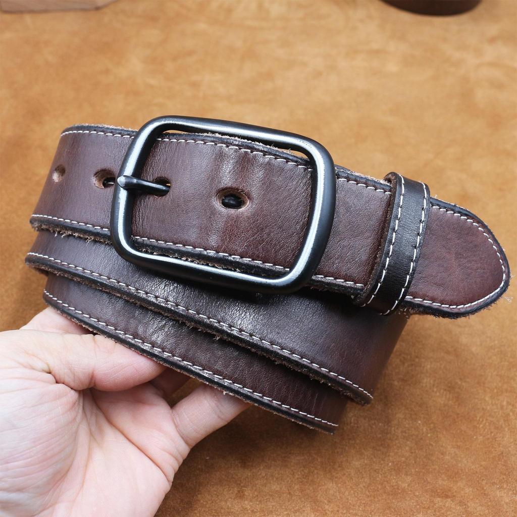 3.8CM Men's Retro Leather Belt, Distressed Stitch, Genuine Cowhide, Pin Buckle, Korean Style Casual Denim Waistband