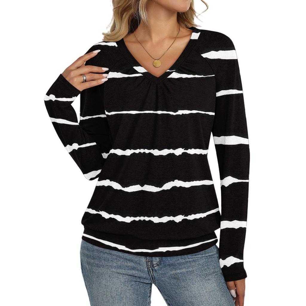 Women's Casual Fashion V-Neck Raglan Pleated Floral Print Long Sleeve Top