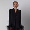 Trendy Black Lapel Slim Cardigan & Fuzzy Suit Jacket Pants Set