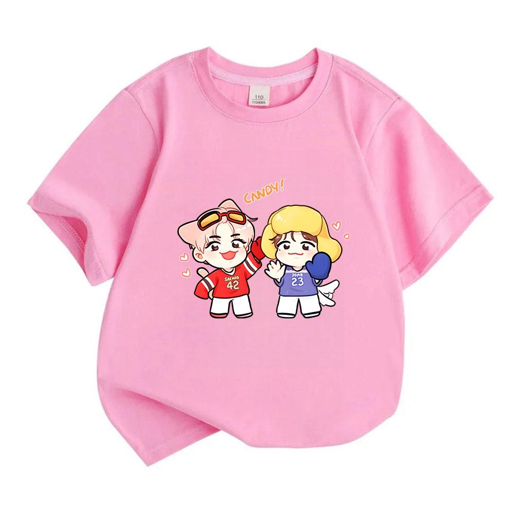 Kids Boys Girls 100% Cotton Crew Neck Short Sleeve T-Shirt, Cute Cartoon Chibi Idol Couple Print Casual Soft Summer Tee, Lovely Candy Pattern Breathab