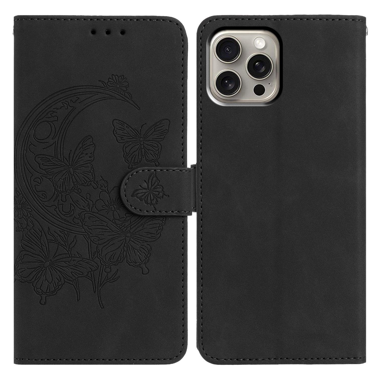 

For iPhone 15 Pro Case Butterfly Flower Imprinted PU Leather Wallet Stand Phone Cover Black