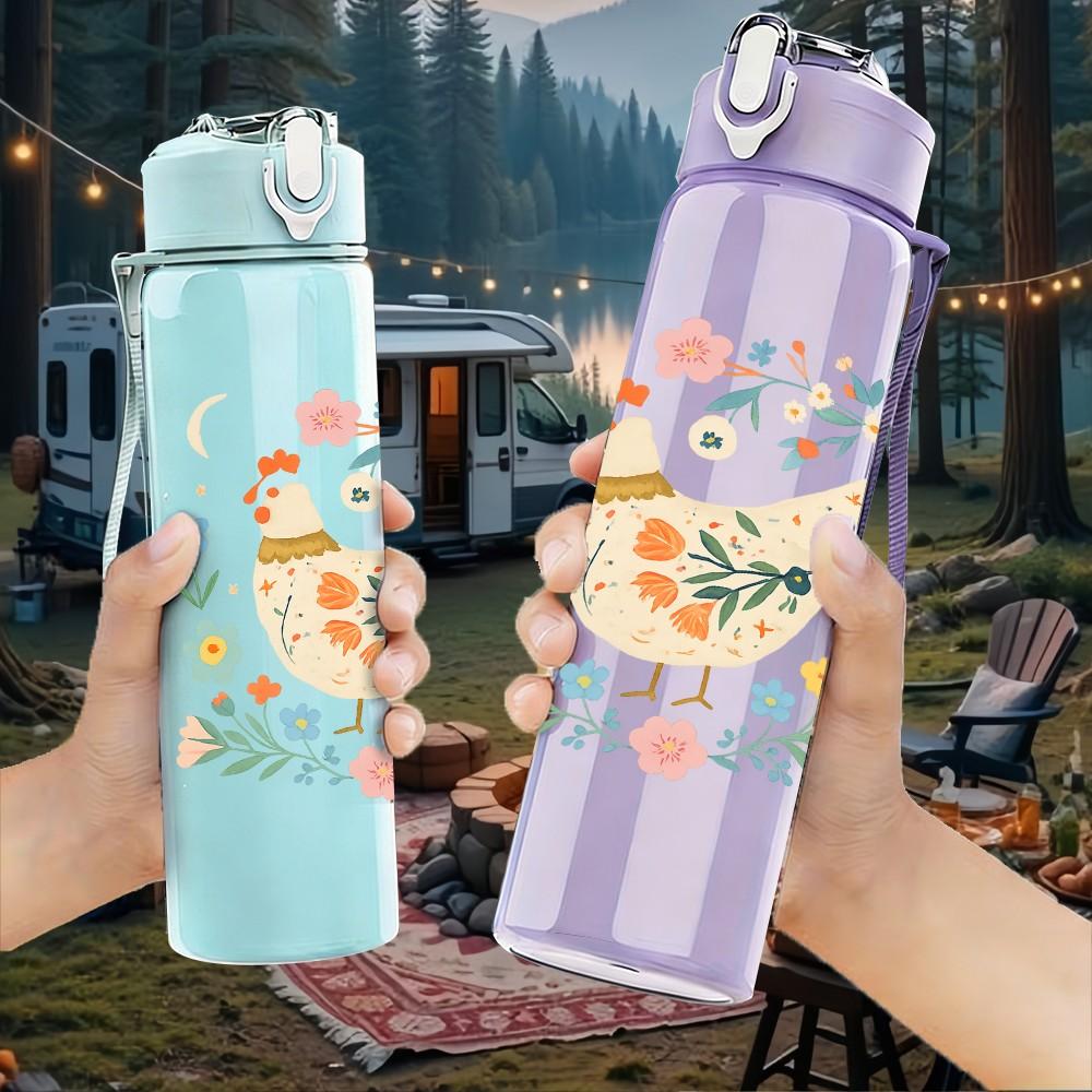 1PC Floral Bird Wreath Drawing 750ml Color Plastic Sports Water Bottle Leakproof Flip Straw Lid Suitable for Sports Office Home Use