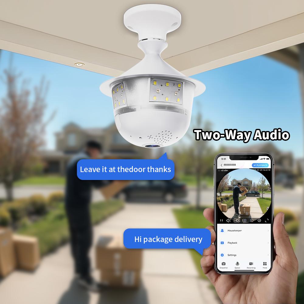 Bezpečnostní kamera v žárovce WiFi, Plnobarevné noční vidění, Obousměrná hlasová komunikace, Bezdrouhlé automatické sledování, 360° panoramatický rybí oko, Vnitřní IP CCTV kamera