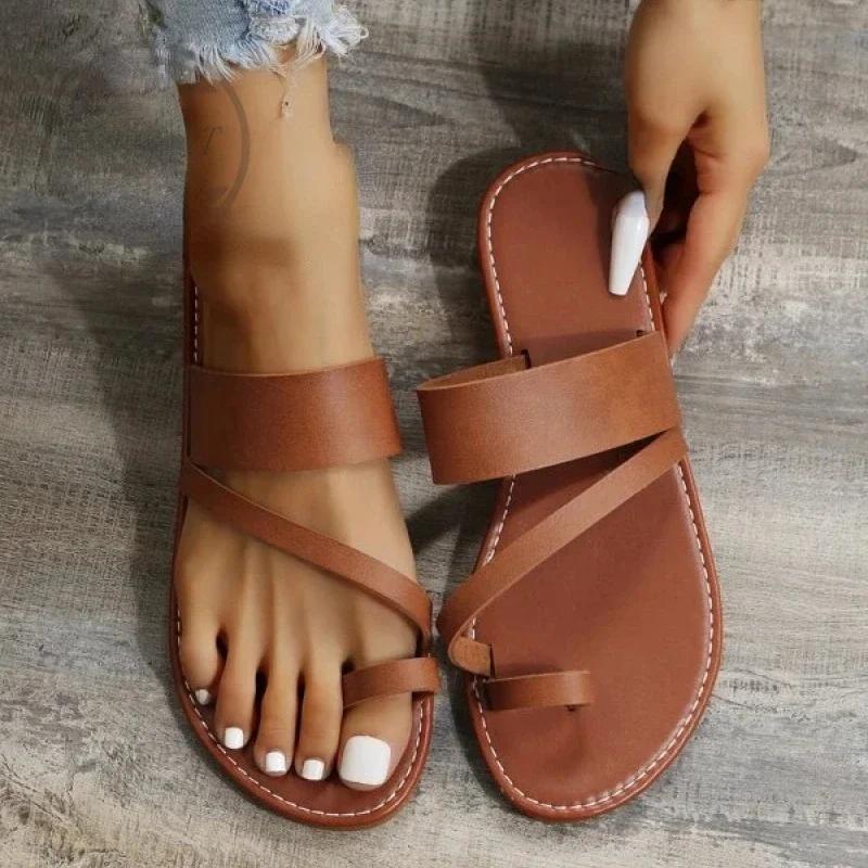 Summer Solid Color Flat Sandals Fashion Open Toe Outdoor Slippers Casual Beach Women's Shoes Plus Size