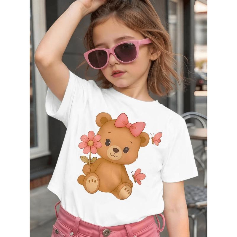 Baby Girls Crewneck Short Sleeve Tee, Cute Bear Butterfly Flower Print Sweet Casual Top for Spring Summer Fall 110 белый