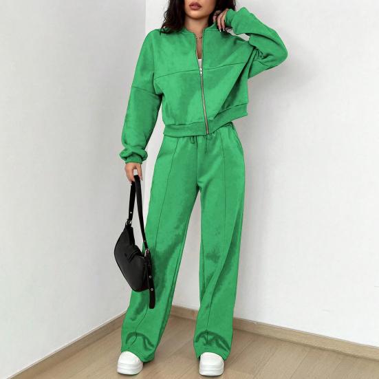 2 Pcs/Set Women Coat Pants Set Stand Collar Long Sleeve Zip-up Elastic Cuff Jacket Drawstring Stretchy High Waist Wide Leg