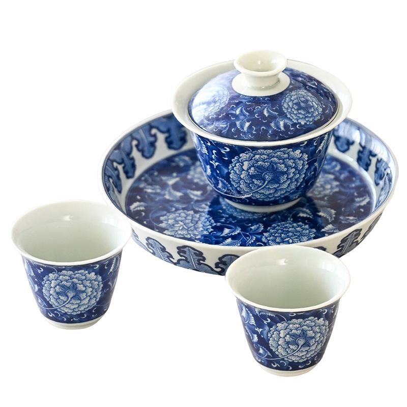 Underglaze Blue And White Sancai Tea Bowl Cover Bowl Cup, High-Grade Ceramic Kung Fu Tea Set, Not Hot To Make Tea, Chinese Retro Pot Bearing