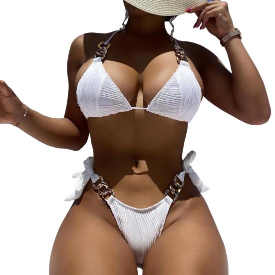 Set da 2 pezzi per costume da bagno da donna, con allacciatura a tre punti, scollo all'americana, imbottito, senza ferretto, con catena in metallo, abbigliamento sportivo da guado