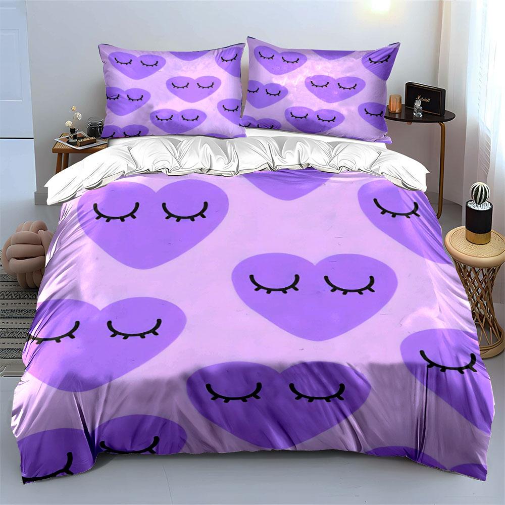 Sleeping Heart With Eyelash Duvet Cover Set, Light Purple Kawaii Girly Bedding Includes 1 Duvet Cover And 2 Pillowcase, Gift