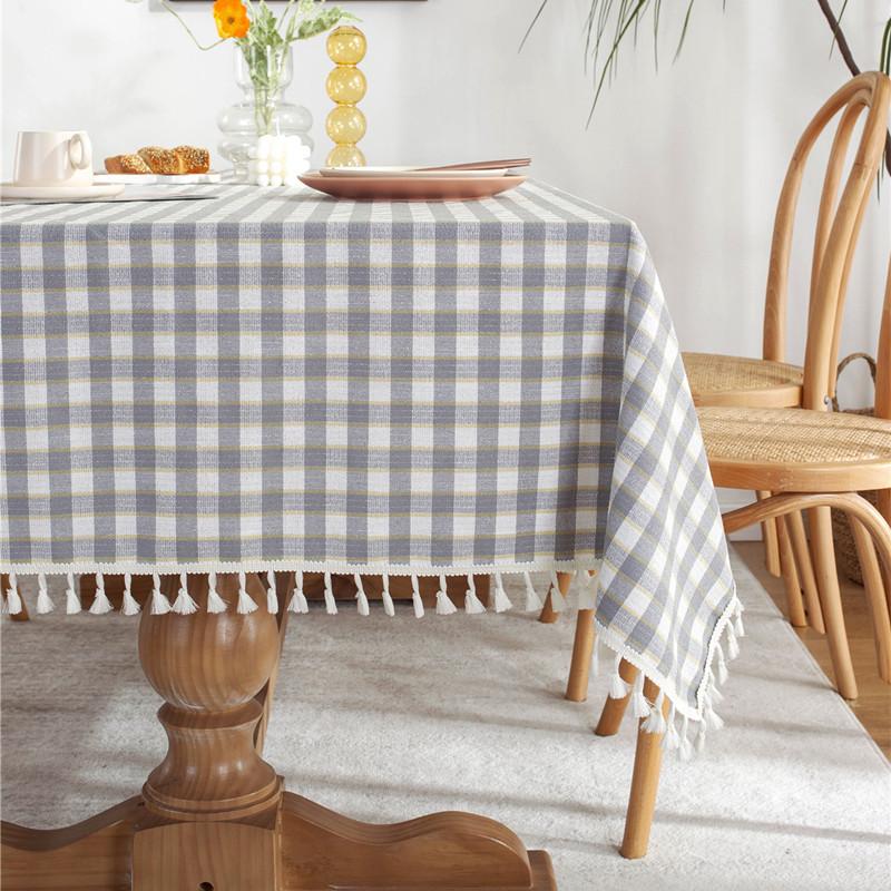 Silver Color Matching Plaid Polyester Fringed Tablecloth Geometric Rectangular Coffee Table Dining Table