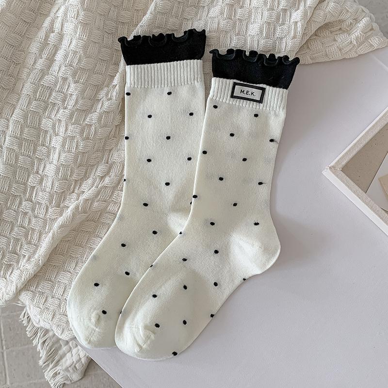 Womens Polka Dot Mid Crew Socks Ballet Style Delicate Lace Edging and Ruffle Trim Fashion Woven Label Simple Design Socks