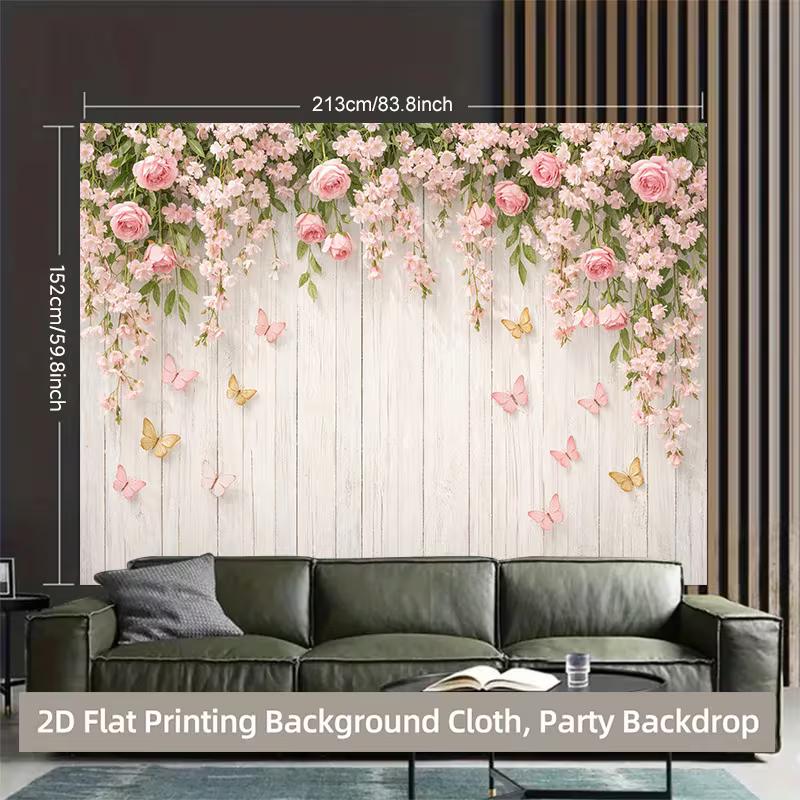2D Flat Printing White Wood Plank Background Cloth with Pink Flowers for Birthday Party Photoshoot