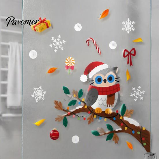 Winter Snowflakes Candy Decor Cute Christmas Owl Window Sticker, Snowy Branch Glass Decal, Waterproof Self Adhesive Seasonal Wall Art Xmas for Holiday