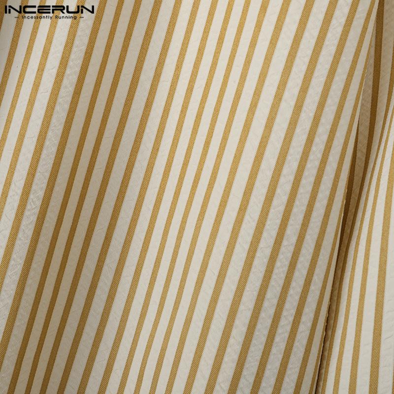 INCERUN S-5XL Men Turn-down Collar Tie Long Sleeve Striped Casual College Style Shirts