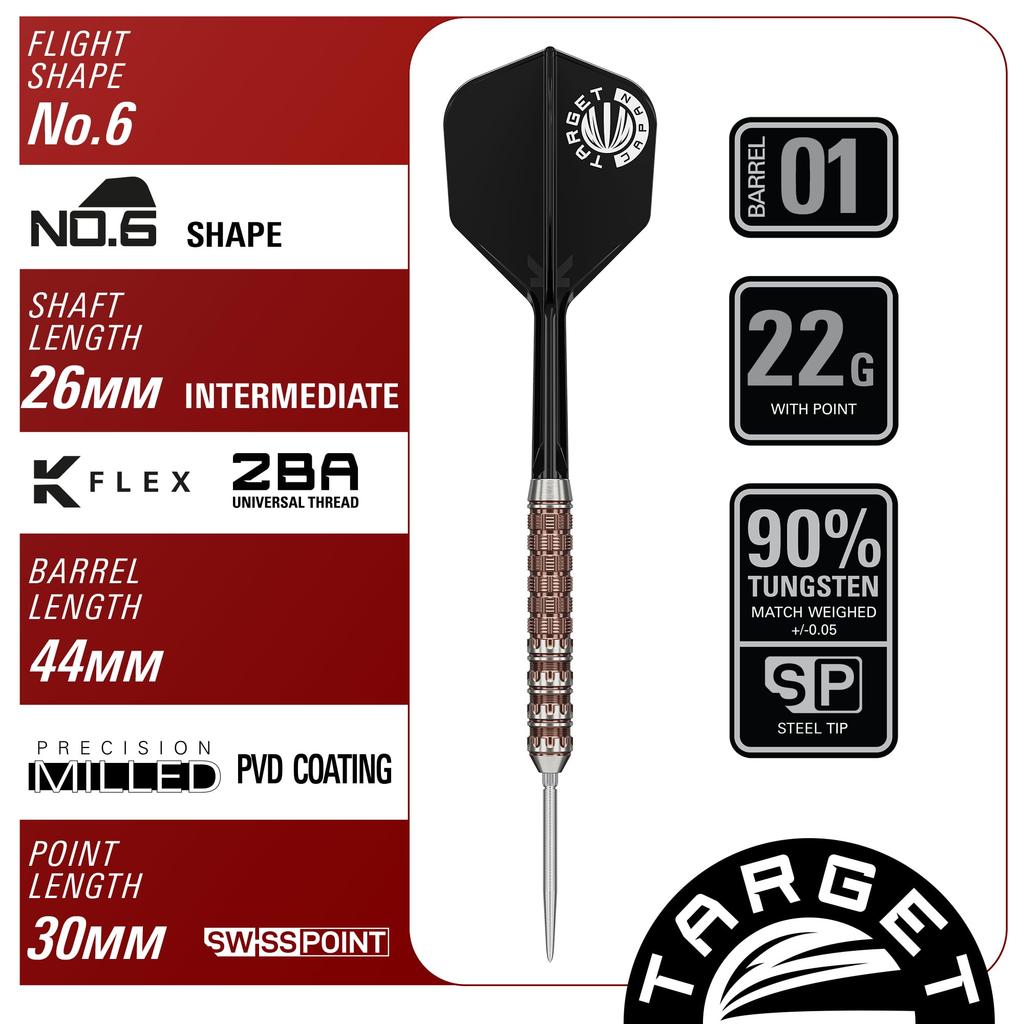 Target Japan PRIME SERIES RAPTOR GEN6 Joji Nishitani 90% Tungsten Steel Tip Darts 22g K-Flex No.6 Shape Flights Swiss Silver Nano Point 30mm