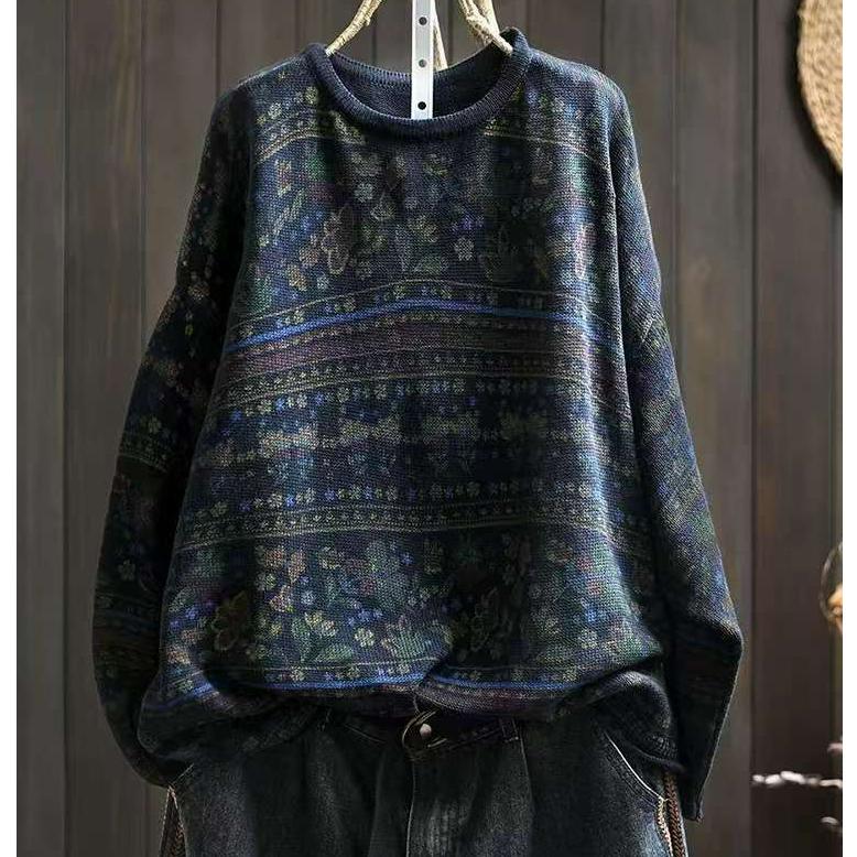 Autumn printed pullover sweater women's round neck loose casual long-sleeved blouse literary sweater