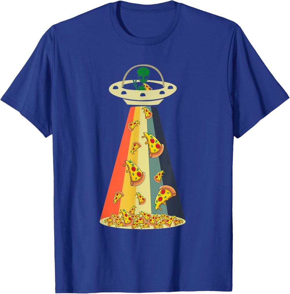 Pizza UFO Alien Abduction Graphic Retro Rainbow Light T-Shirt Funny Casual Cotton Tee