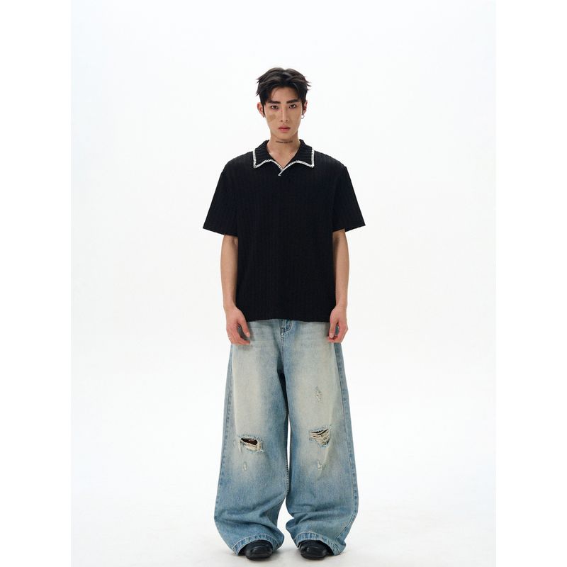 Kisko Simple Retro Hand-Stitched Patchwork Light Luxury Lapel Short-Sleeve T-Shirt for Men and Women with a High-End Feel Cleanfit Top Trendy