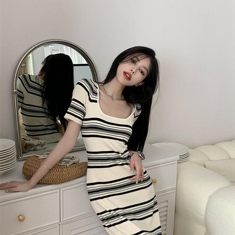Women's Square Neck Retro Striped Knit Dress - Slim Fit, Midi Pencil Skirt, Cinched Waist, Figure-Flattering for Summer