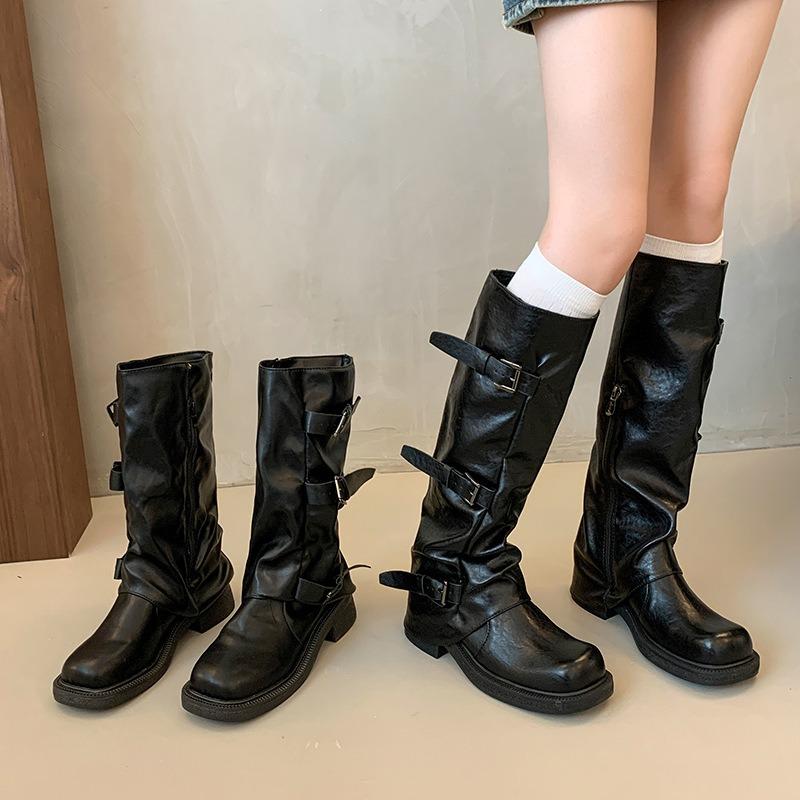 Vintage thick heel mid-height boots western cowboy stack boots knight boots early autumn martin boots women's boots
