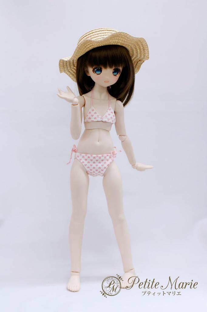 [Petite Marie] 13 MDD (S-L bust) compatible, soft touch, heart pattern bikini swimsuit, heart pink, white background, 40cm doll, BJD doll clothes