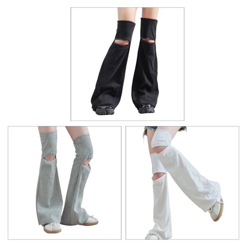 Women Punk Hollowed Out Thgh High Flared Leg Warmers Over Knee Long Socks Solid Color Leg Covers Stockings Streetwear