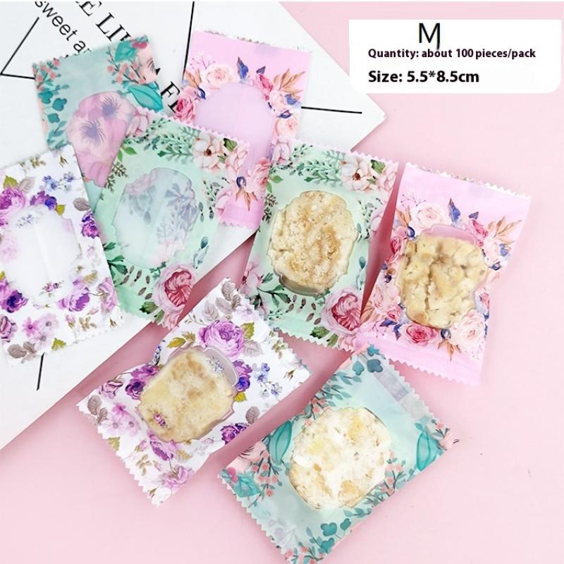 100Pcs Floral Cookie Bag Candy Wrapper Pastry Bag Homemade Handmade Biscuit Plastic Packing For Wedding Party Kitchen