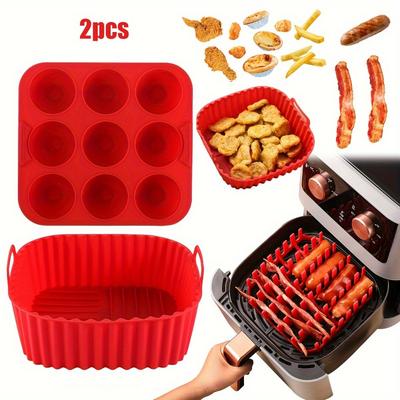 Premium Vierkant Siliconen Airfryer Set, 9-Gats Cakevorm & Bakplaat, Anti-aanbak Herbruikbare Liner voor Oven, Vaatwasmachinebestendig