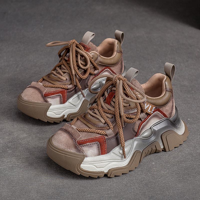 Johnature Casual Flat Shoes Women Sneakers Genuine Leather Mixed Colors Retro Comfortable Thick Sole Platform Sneakers