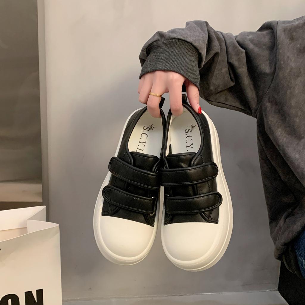 Little White Shoes Women's 2025 New Spring and Autumn Velcro Women's Shoes Thick-soled Heightening Shoes with Wide-leg Pants Casual Board Shoes