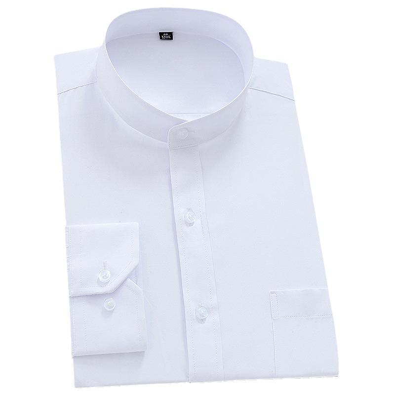 Men's Autumn Long Sleeve Chinese Stand-Up Collar White Shirt - Zhongshan Style for Middle-Aged and Elderly