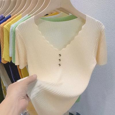 Móda Podzim Ledová Hedvábná košile s krátkým rukávem Ženy Léto v západním stylu Tenký bílý svetr Half Top