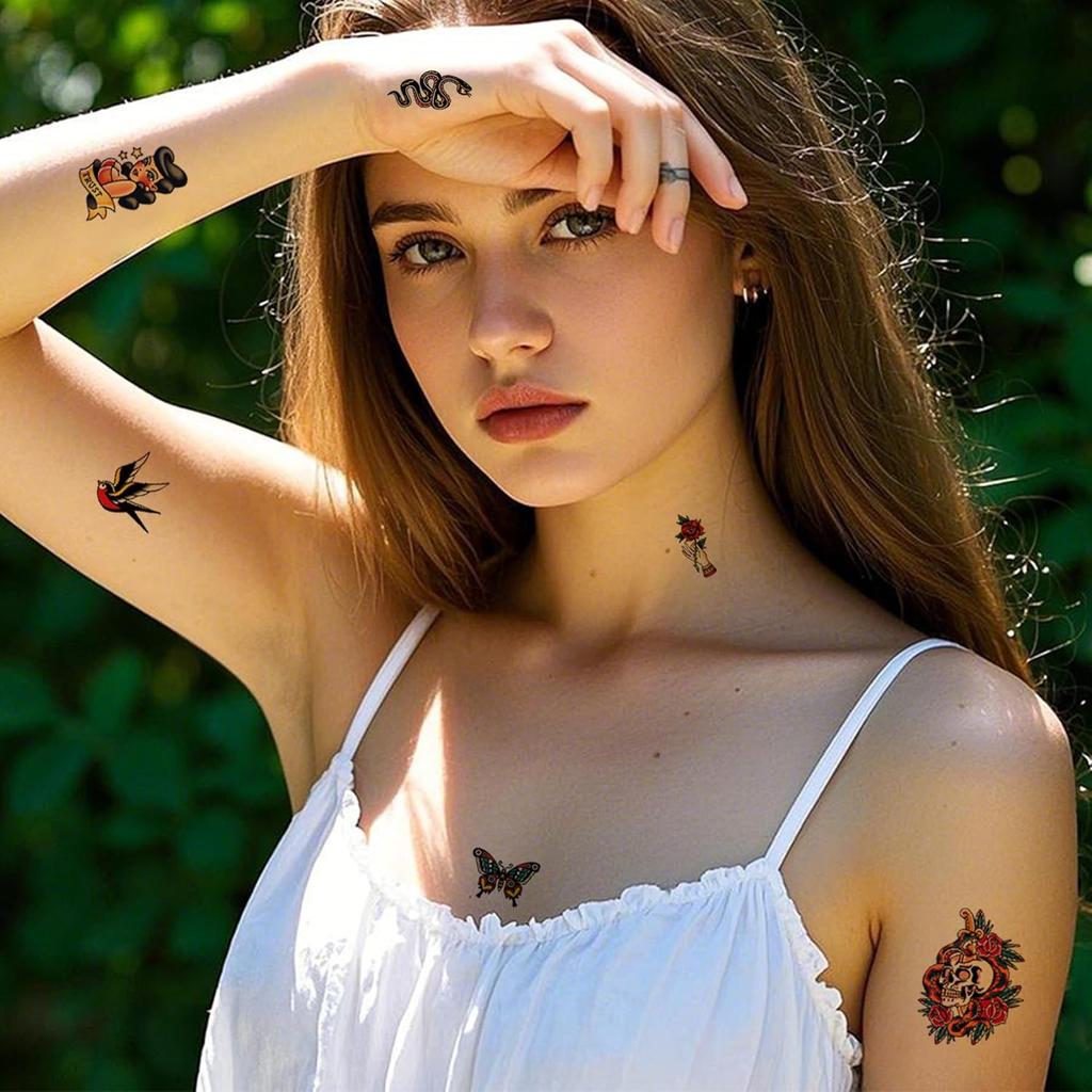 10 Fogli Tatuaggi Temporanei Retrò Tatuaggi Colorati Classici Old School Adesivi Fiori Serpente Uomo Donna Adulti Body Art