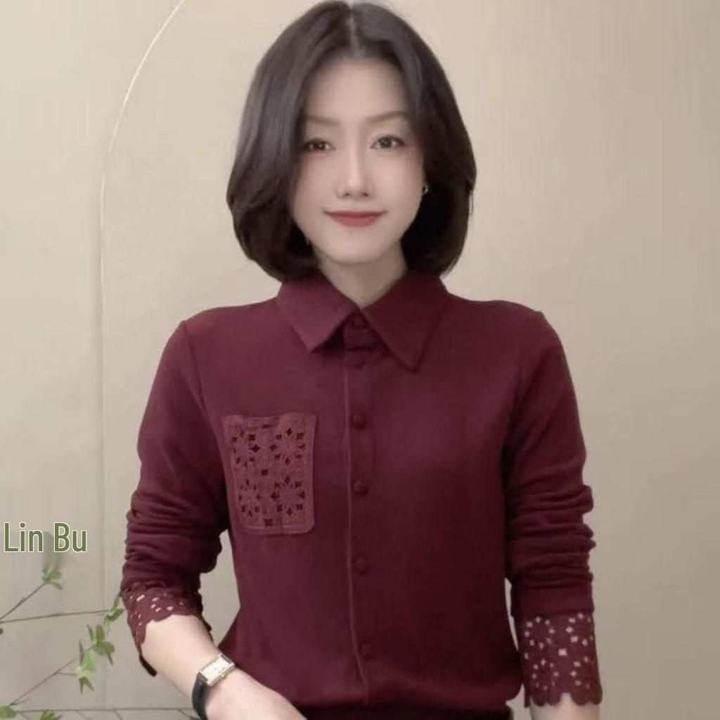 2025 Autumn/Winter Women's Double-Sided Velvet Shirt: Stylish, Solid Color, Long Sleeve, Slimming Fit, Collar Detail.