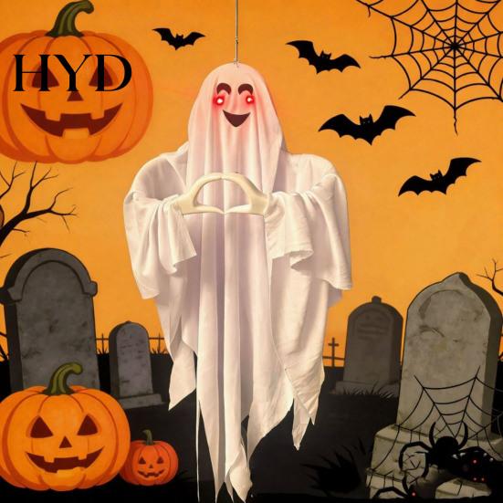Süßer Halloween-Geisteranhänger, Messenger-Statue mit Herz-Geste und Umhang, Leuchtende Augen Spukhaft Glühend Aufleuchtend, Outdoor-Rasenverzierung, Spukhaus