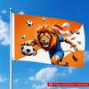 1pc Double-Sided National Flag, Anthropomorphic Lion Soccer Player with Black and White Soccer Ball, Dutch Style Flag, Orange and White Background Mas