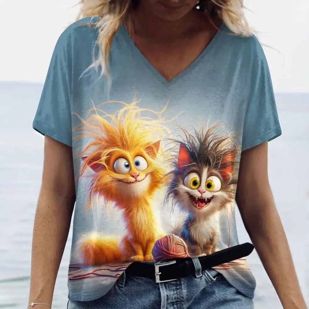T-Shirts Women's Fashion T-Shirt Cat Print Casual Comfort Short Sleeve Crew Neck Pullover Clothing