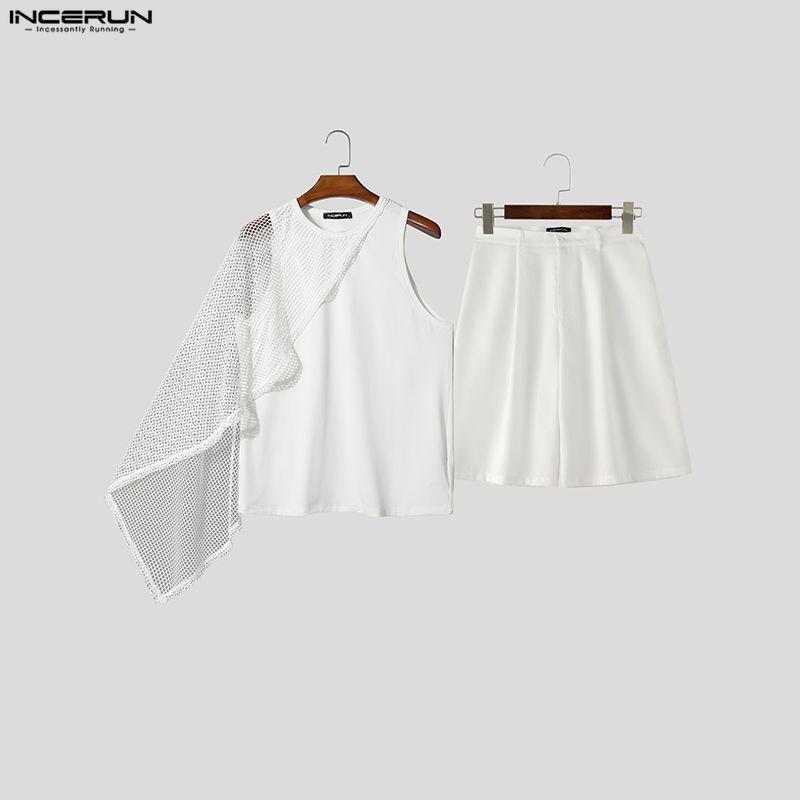 INCERUN Two Pieces Men Mesh Sheer Patchwork Sleeveless Tank Tops and Shorts Casual Sets