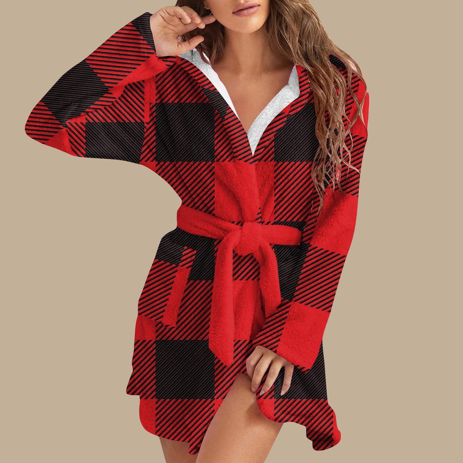 

Жіночий осінньо-зимовий теплий фланелевий багатобарвний халат з довгими рукавами в клітку XL червоний