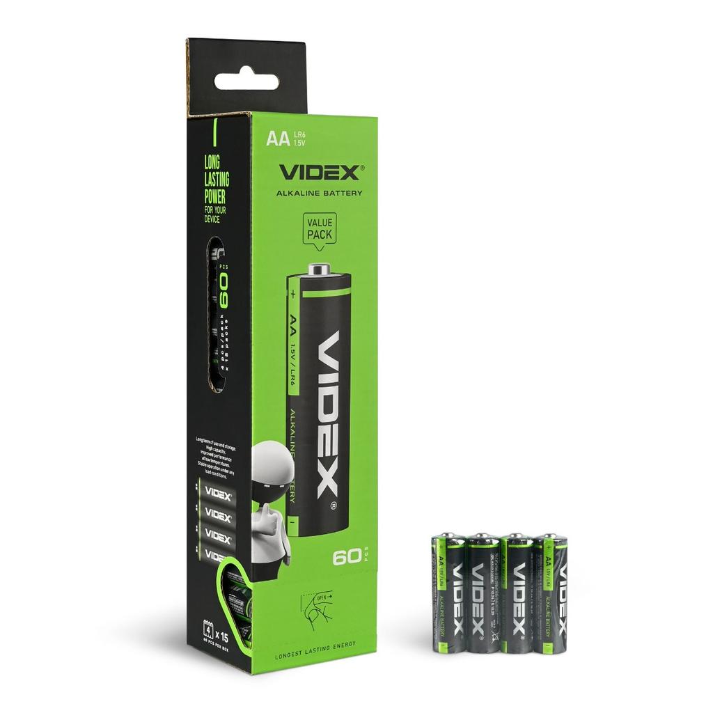 4 Pcs. Strong Alkaline Batteries Set Economic Foil Videx Aa Lr6 1.5V 2600 Mah