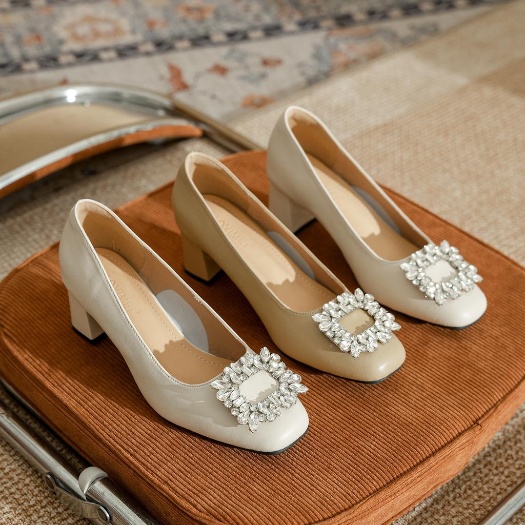 Leather square head soft leather light mouth square buckle rhinestone high heels women's work shoes professional fashion versatile thick low heel sin