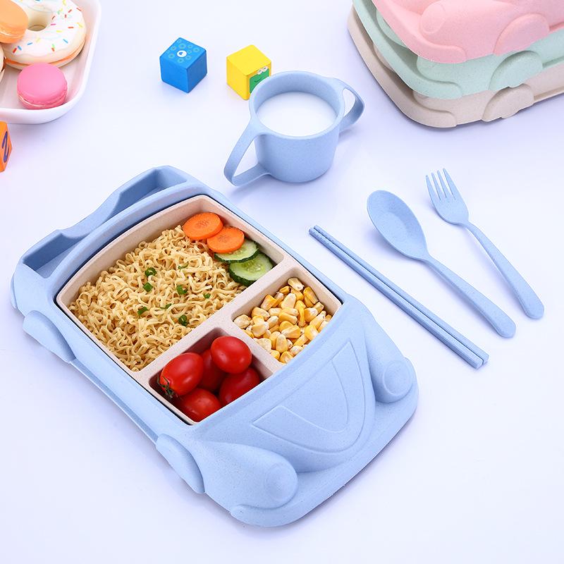 6-Piece Children's Wheat Tableware Set – Baby Plate, Knife, Fork, Spoon, Cup & Divided Cartoon Plate
